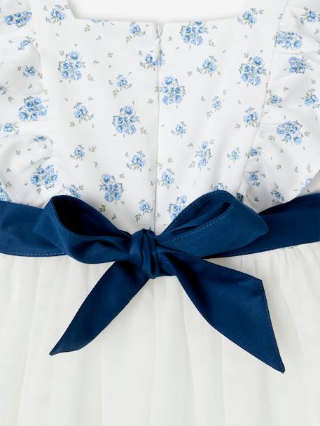 Vestido de ceremonia con volantes para niña azul estampado+rosa estampado 