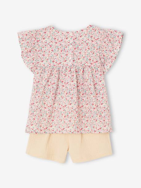 Conjunto blusa de flores y short de gasa de algodón para niña amarillo pastel+vainilla 