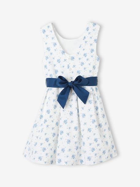 Vestido de ceremonia con flores a la acuarela en el bajo, para niña azul estampado+rosa estampado 