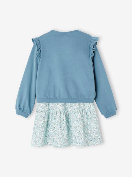 Conjunto de vestido y cárdigan para niña azul jeans+melocotón+verde esmeralda 