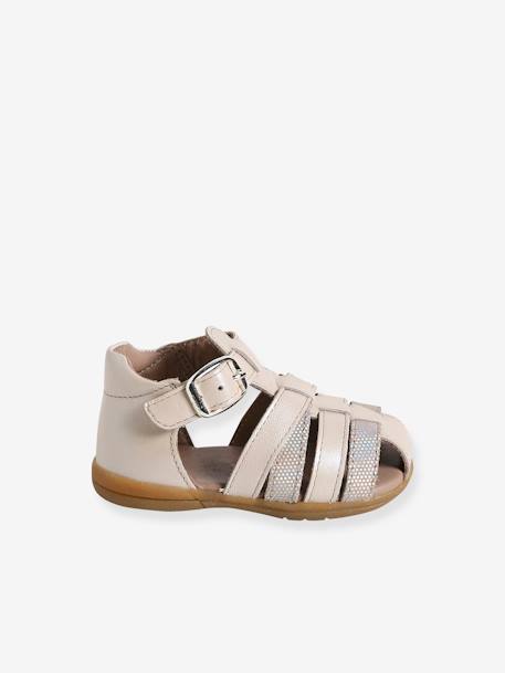 Sandalias de piel para bebé niña primeros pasos beige irisado+fucsia 