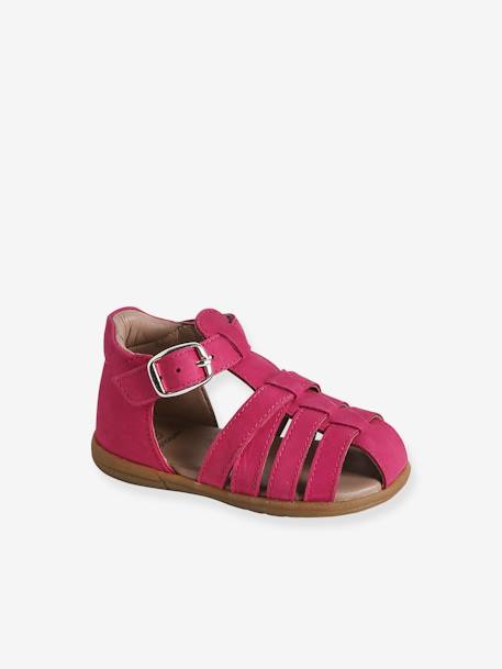 Sandalias de piel para bebé niña primeros pasos beige irisado+fucsia 