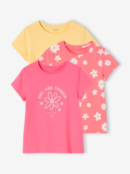 Pack de 3 camisetas surtidas con detalles irisados, para niña amarillo pastel+AZUL OSCURO LISO CON MOTIVOS+MARRON CLARO LISO CON MOTIVOS+rosa frambuesa+verde sauce 