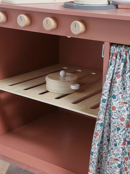 Cocinita equipada con cortina de madera FSC® BLANCO MEDIO LISO+rosa frambuesa 