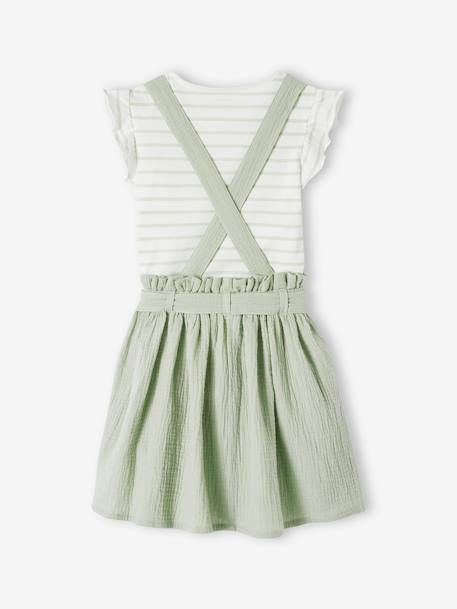 Conjunto niña camiseta a rayas + falda de gasa de algodón coral+lila+verde sauce 