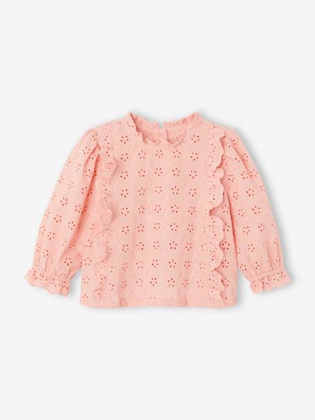 Blusa de bordado inglés con volantes para bebé blanco+rosa rosa pálido 