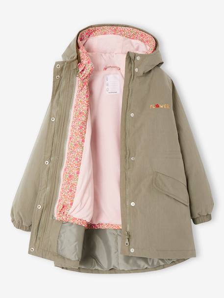 Parka con capucha 3 en 1 niña con cortaviento de flores desmontable caqui+rosa 