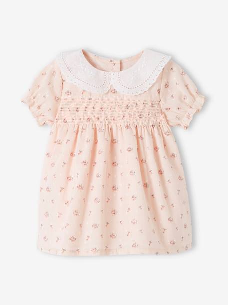 Vestido con smocks y cuello de bordado inglés para bebé recién nacida rosa rosa pálido 