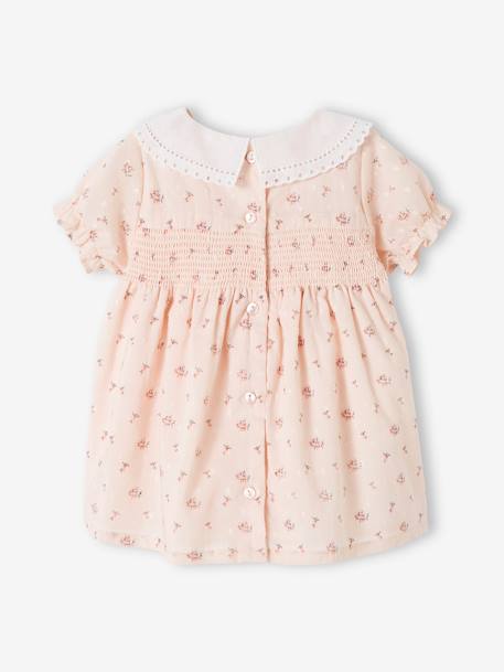 Vestido con smocks y cuello de bordado inglés para bebé recién nacida rosa rosa pálido 