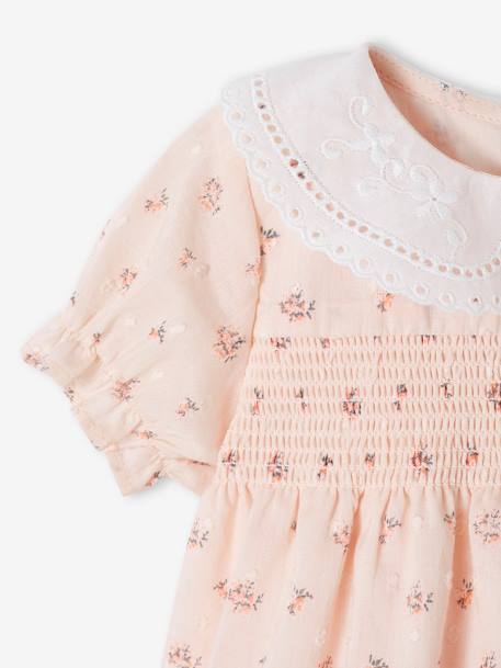 Vestido con smocks y cuello de bordado inglés para bebé recién nacida rosa rosa pálido 