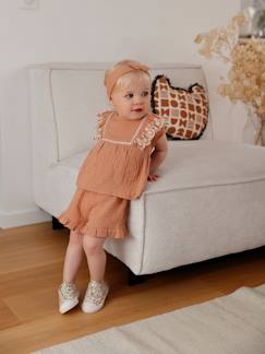 Conjuntos-Conjunto bordado para bebé: blusa + short + cinta del pelo de gasa de algodón
