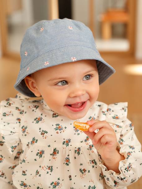 Sombrero bob denim con flores bordadas para bebé niña azul jeans 