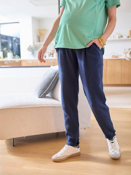 Pantalón para embarazo de gasa de algodón arcilla+azul marino+VERDE MEDIO LISO 