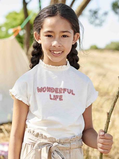 Camiseta con mensaje de leopardo fantasía y manga corta con volantes, para niña vainilla 