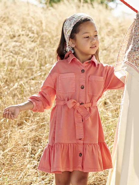 Vestido camisero con volantes para niña coral 