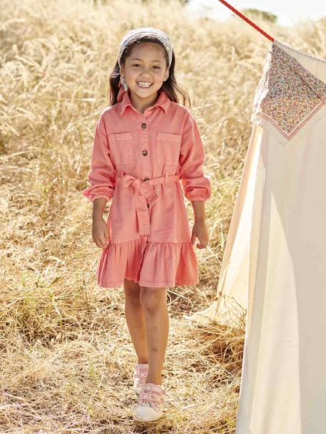 Vestido camisero con volantes para niña coral 