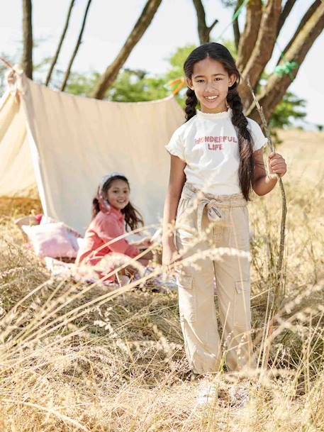 Pantalón cargo niña de tejido fluido beige arena+rosa viejo 