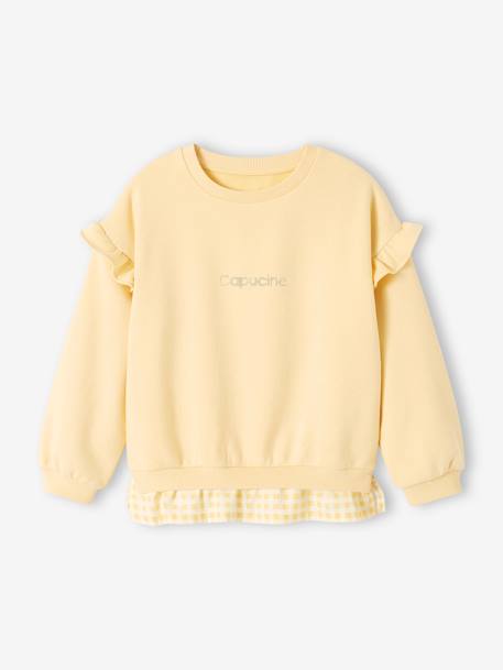 Sudadera con volantes de dos tejidos para niña amarillo pastel+rosa chicle 