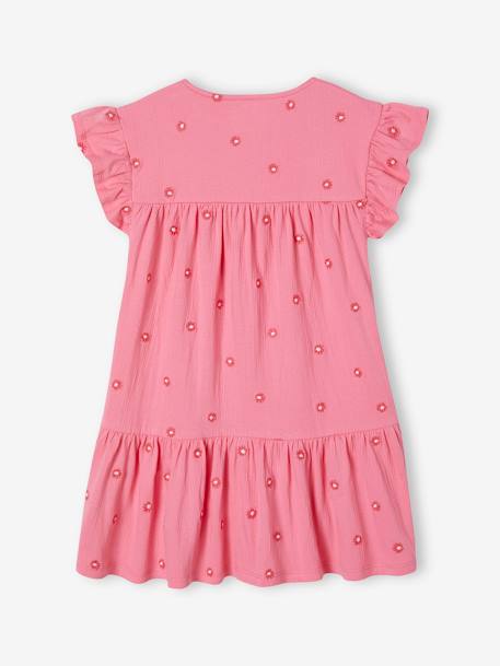 Vestido bordado de flores de punto arrugado para niña rosa chicle 