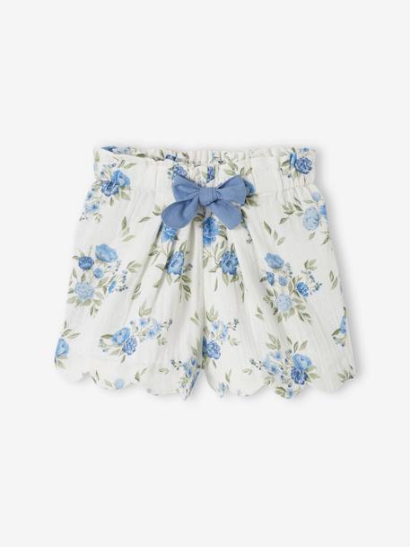 Short de gasa de algodón con acabados en escama, para niña azul estampado+nude 