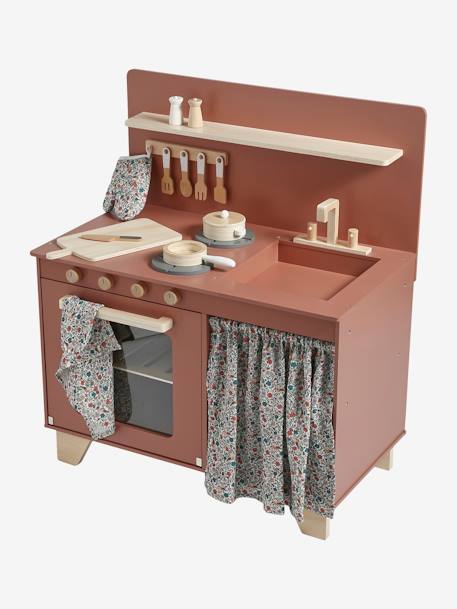 Cocinita equipada con cortina de madera FSC® BLANCO MEDIO LISO+rosa frambuesa 