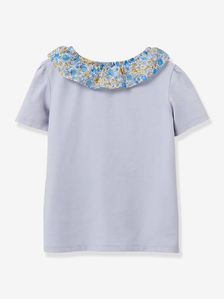 Camiseta niña con cuello de tejido Liberty algodón orgánico CYRILLUS azul grisáceo 