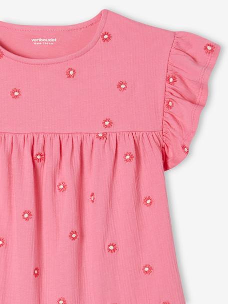 Vestido bordado de flores de punto arrugado para niña rosa chicle 