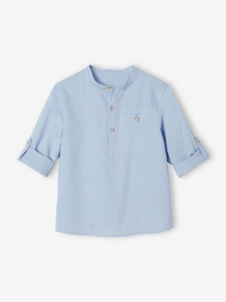 Camisa de lino/algodón para niño con cuello mao, de manga larga azul claro+AZUL FUERTE LISO+Blanco claro liso+VERDE MEDIO LISO 