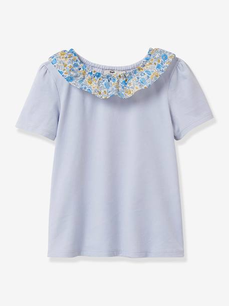 Camiseta niña con cuello de tejido Liberty algodón orgánico CYRILLUS azul grisáceo 