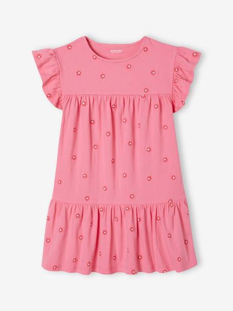 Vestido bordado de flores de punto arrugado para niña rosa chicle 