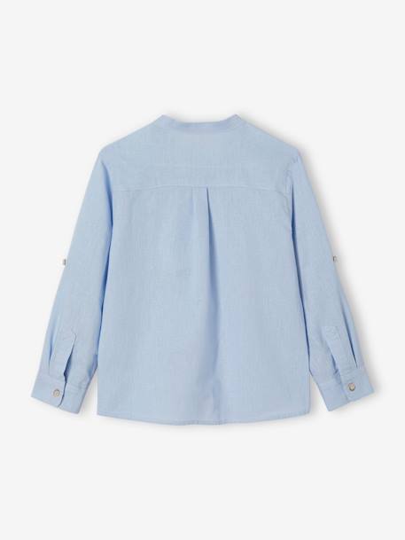 Camisa de lino/algodón para niño con cuello mao, de manga larga azul claro+AZUL FUERTE LISO+Blanco claro liso+VERDE MEDIO LISO 