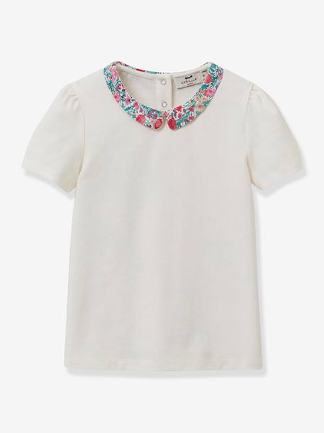 Camiseta niña con cuello de tejido Liberty de algodón orgánico CYRILLUS crudo 