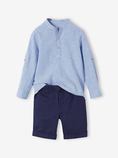 Conjunto de ceremonia camisa cuello mao y short niño rayas azul 