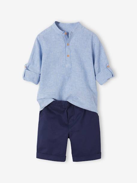 Conjunto de ceremonia camisa cuello mao y short niño rayas azul 