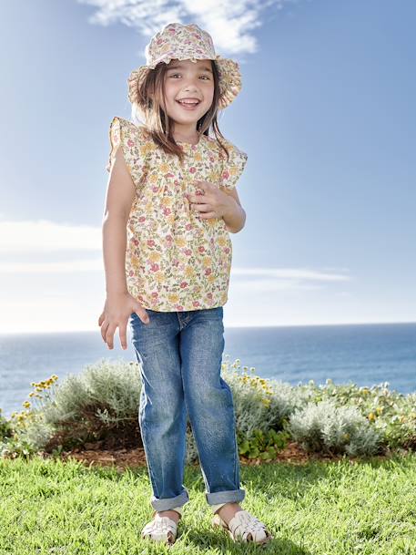 Blusa de manga corta con volantes y motivos de flores para niña naranja estampado+rosa rosa pálido 