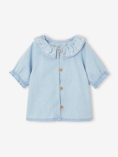 Bebé-Blusa denim ligera con cuello bordado para bebé