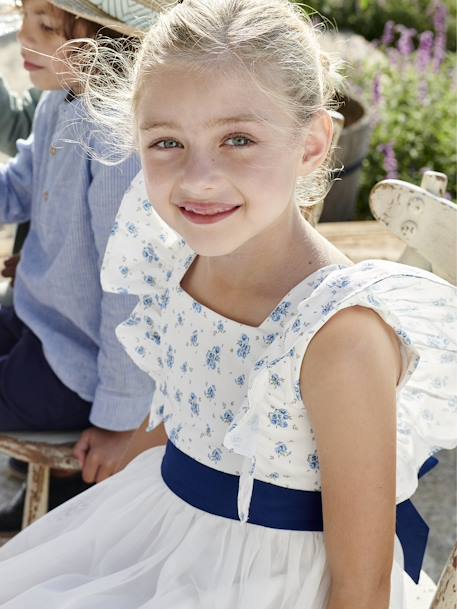 Vestido de ceremonia con volantes para niña azul estampado+rosa estampado 