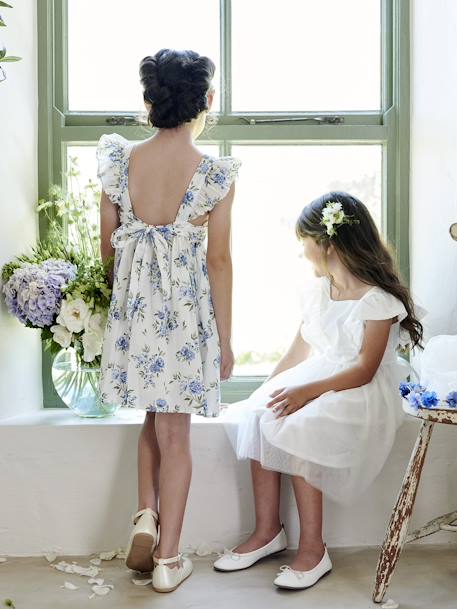 Vestido de ceremonia con volantes y motivos de flores, para niña azul estampado+vainilla 