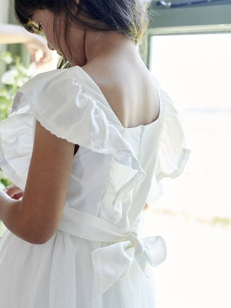 Vestido niña de ceremonia con volantes de gasa de algodón y tul crudo 