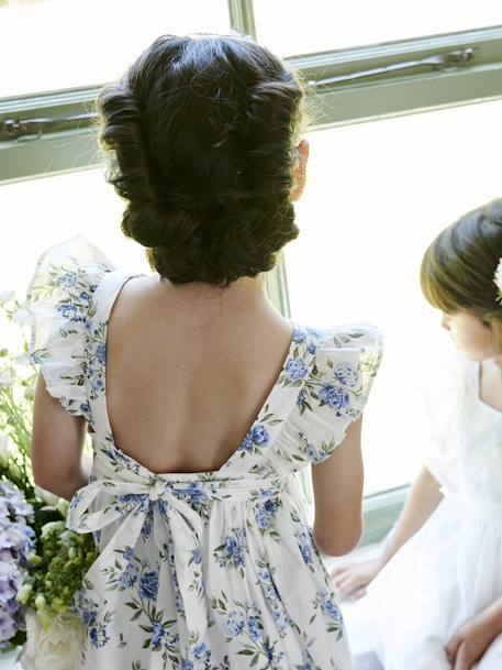 Vestido de ceremonia con volantes y motivos de flores, para niña azul estampado+vainilla 