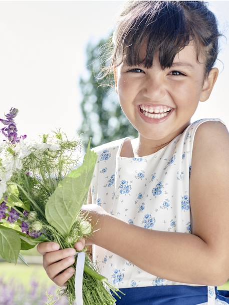 Vestido de ceremonia con flores a la acuarela en el bajo, para niña azul estampado+rosa estampado 