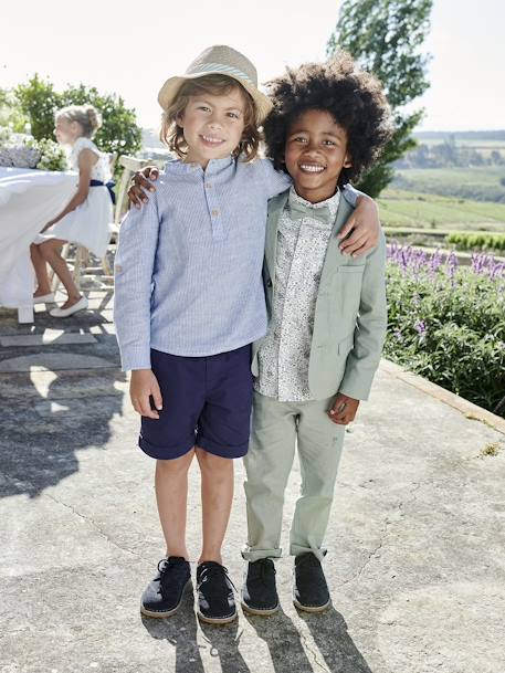 Conjunto de ceremonia camisa cuello mao y short niño rayas azul 