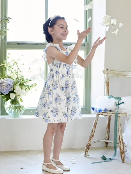 Vestido de ceremonia con volantes y motivos de flores, para niña azul estampado+vainilla 