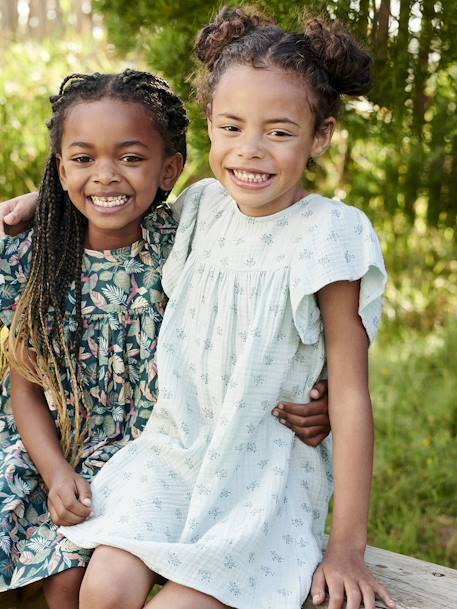 Vestido con estampado de flores de gasa de algodón para niña azul grisáceo+crudo+rosa 