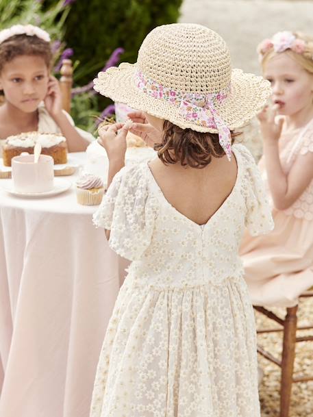 Vestido de ceremonia de tul bordado de flores para niña vainilla 