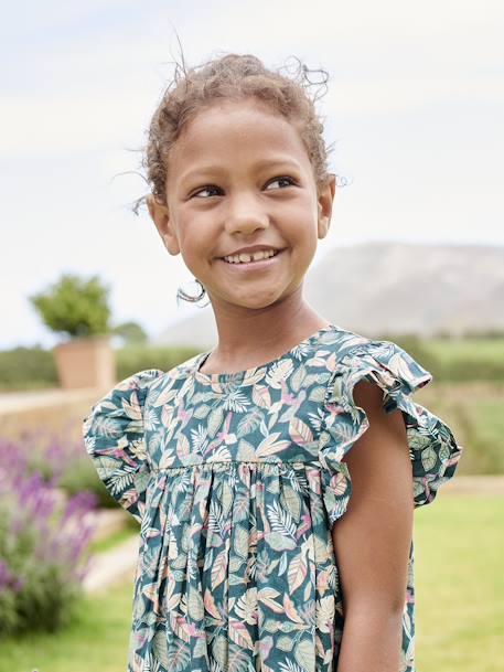 Vestido de manga corta con estampado y volantes para niña crudo+rosa rosa pálido+verde pino 