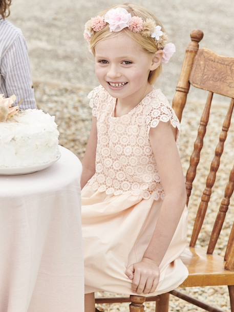 Vestido de ceremonia efecto 2 en 1 con superposición de macramé, para niña BLANCO CLARO LISO+nude 