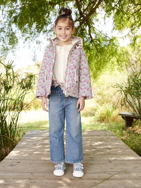 Parka corta con capucha y motivos de flores para niña multicolor 