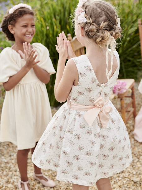 Vestido de ceremonia con flores a la acuarela en el bajo, para niña azul estampado+rosa estampado 