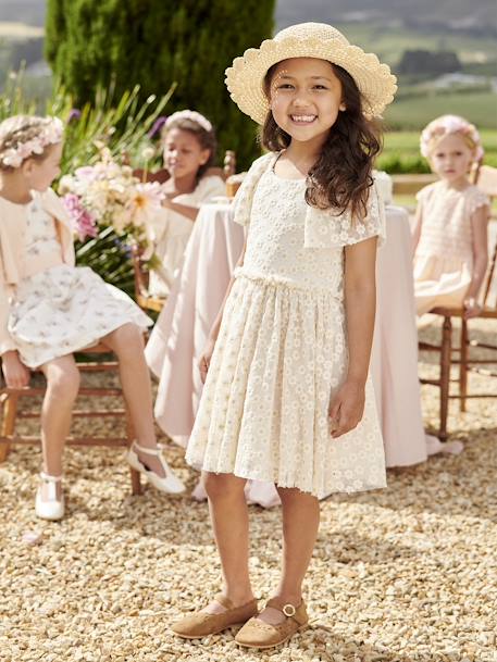 Vestido de ceremonia de tul bordado de flores para niña vainilla 